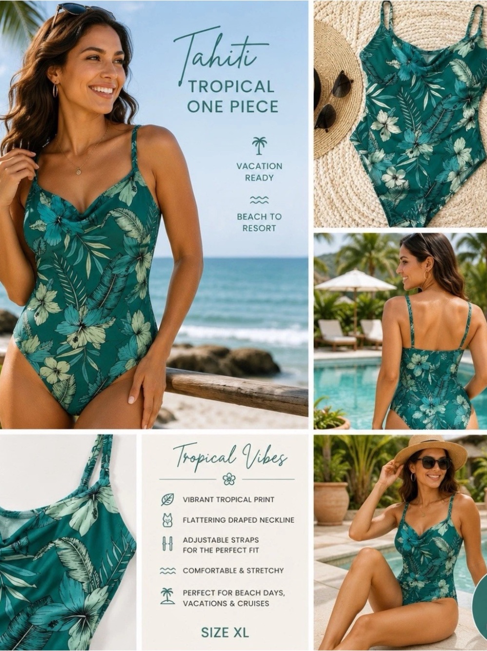 Tahiti One Piece Swimsuit XL Green Tropical Floral Hawaiian Floral Beach Resort